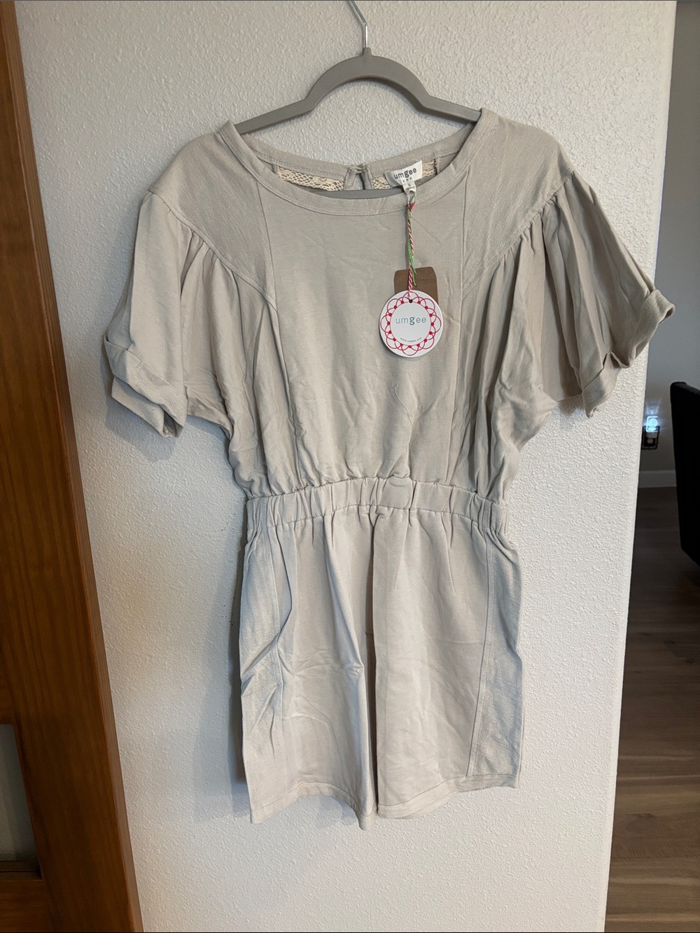 Umgee Light Stone Short Sleeve Waist-Defined Romper Mini Dress